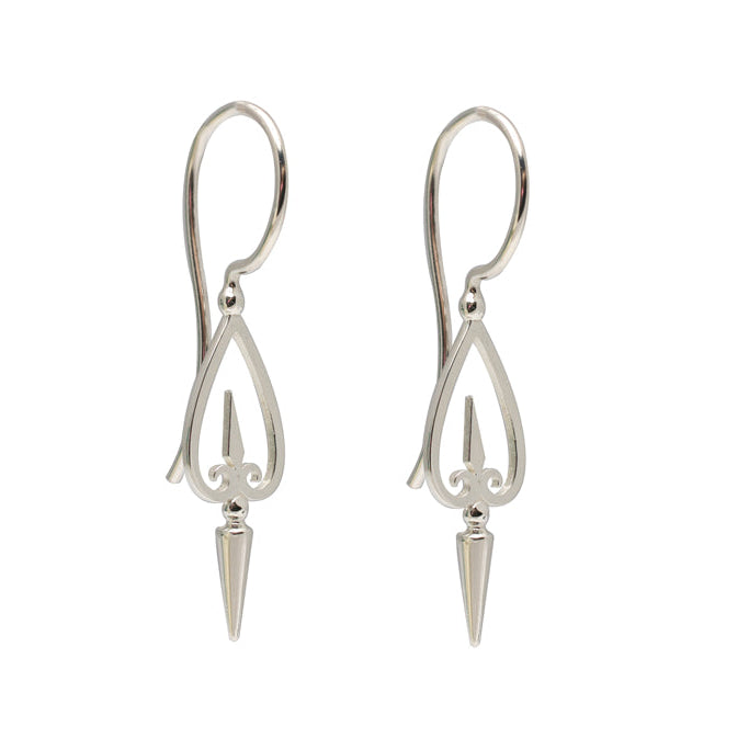 A pair of sterling silver earrings featuring a spire motif and old-world fretwork design.