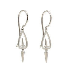 A pair of sterling silver earrings featuring a spire motif and old-world fretwork design.