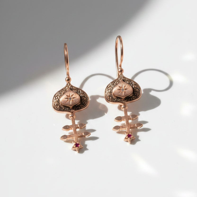 Rose gold earrings with intricate designs on a light background